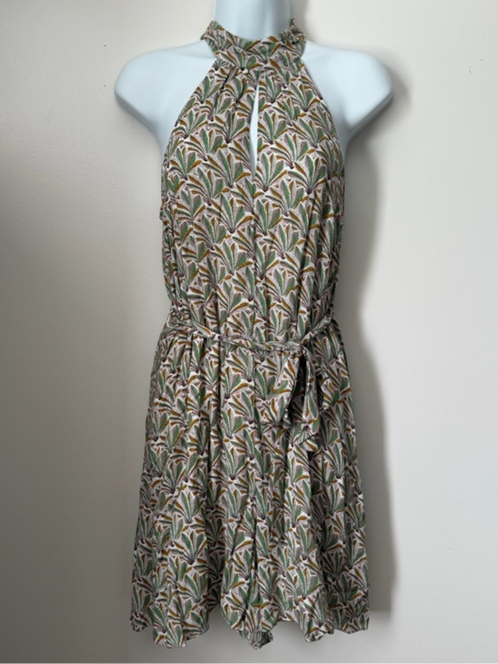 Anthropologie Green, Mustard & Cream Leaf-Print Halter Romper SMALL